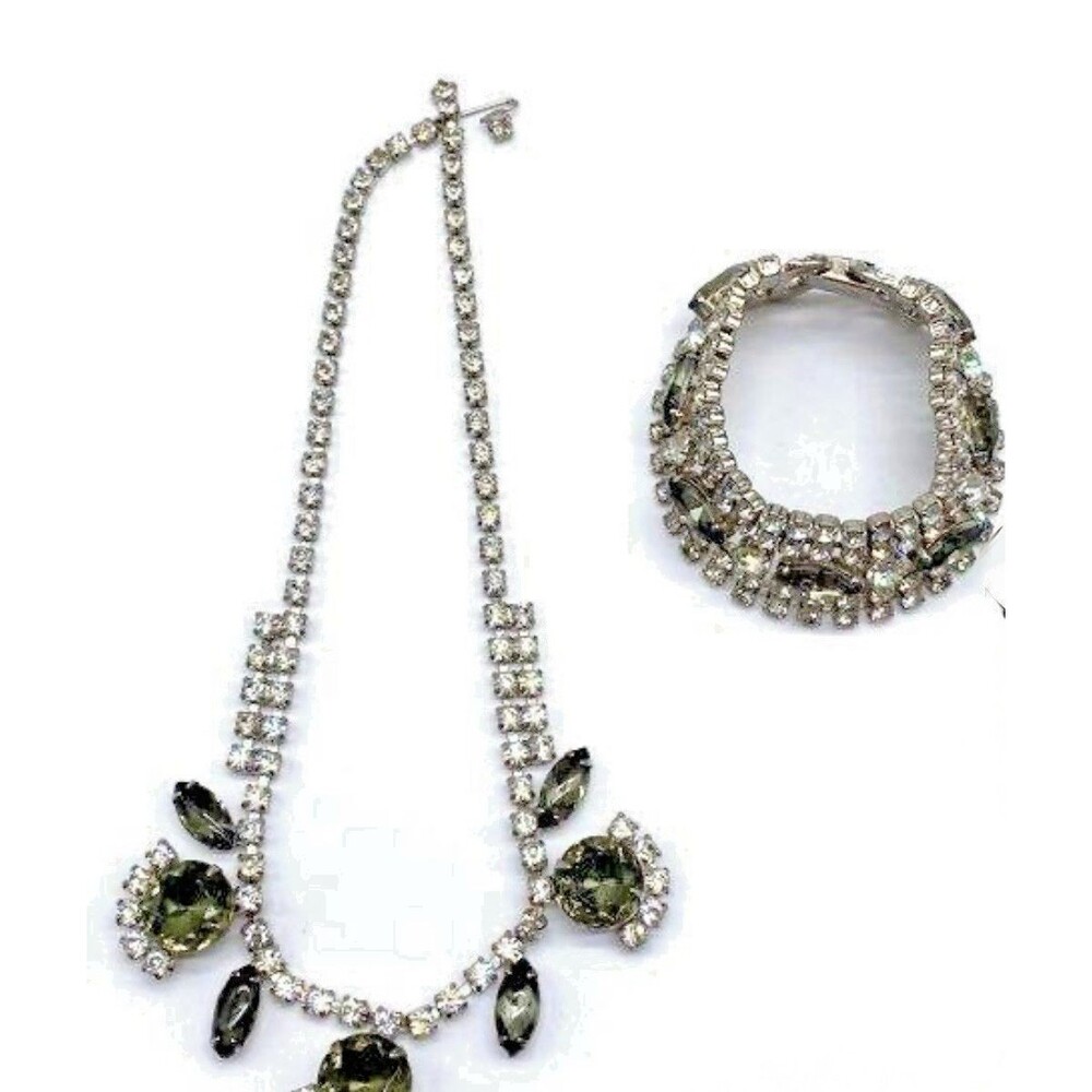Juliana‎ Style Vintage Clear Green Crystal Rhinestone Silver Tone Jewelry Set